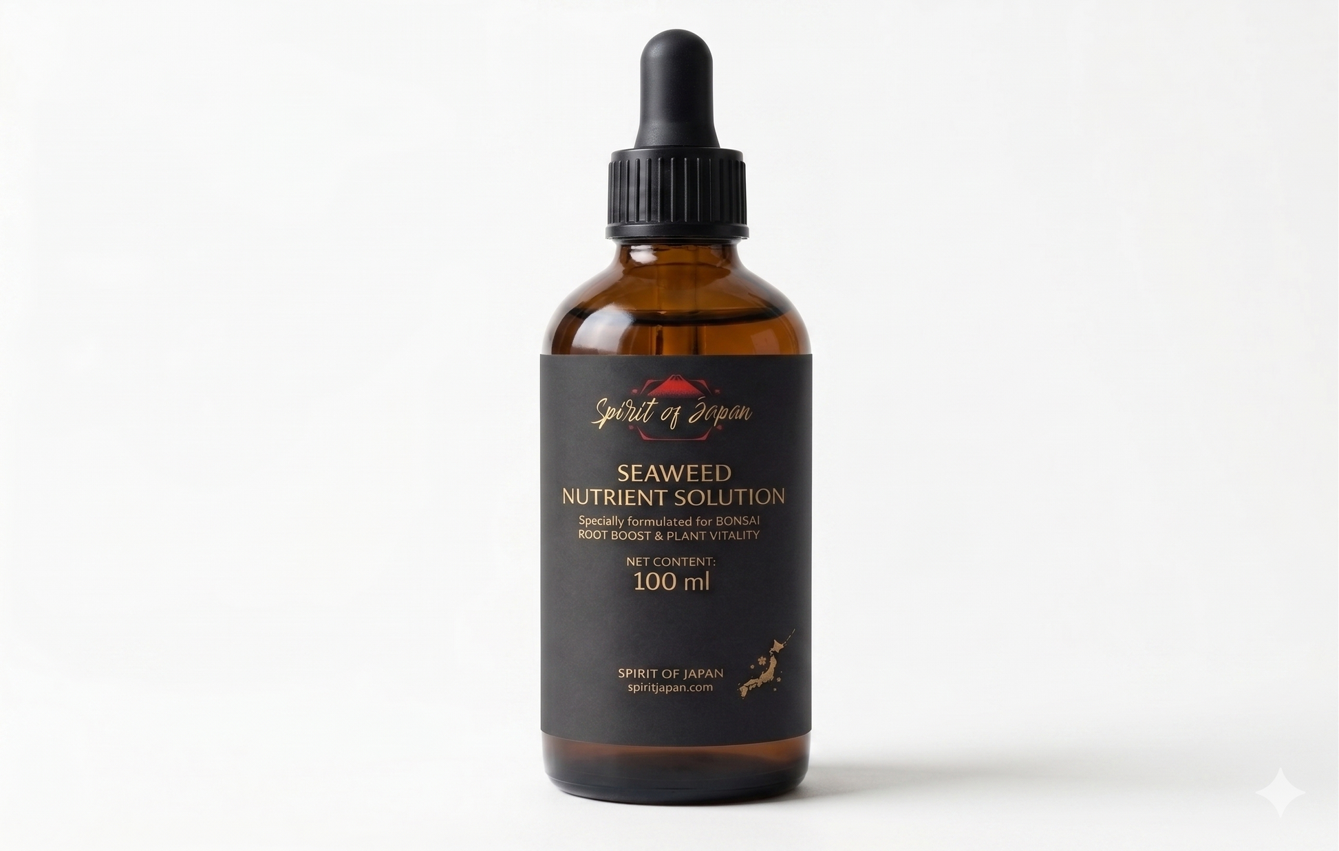 Bottle of Seaweed Nutrient Solution with dropper on a white background
