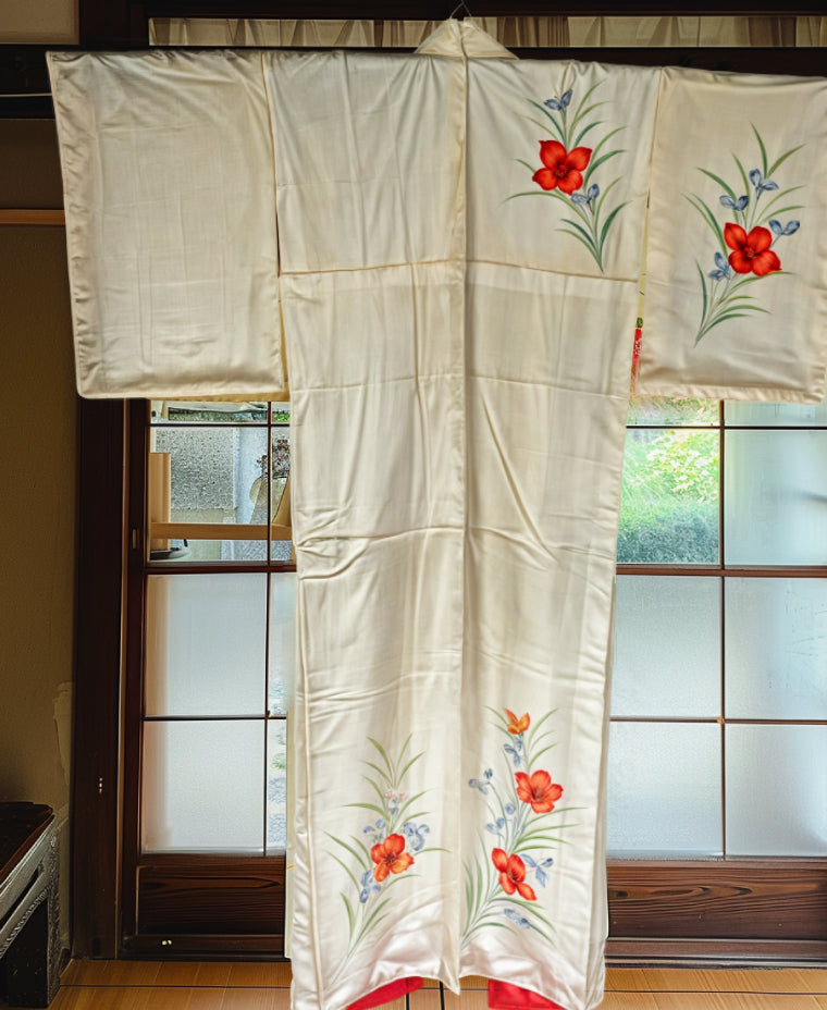 Vintage Silk Japanese Kimono with Hand Painted Floral