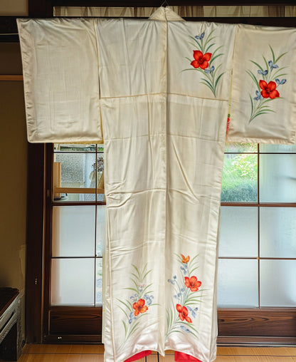 Vintage Silk Japanese Kimono with Hand Painted Floral